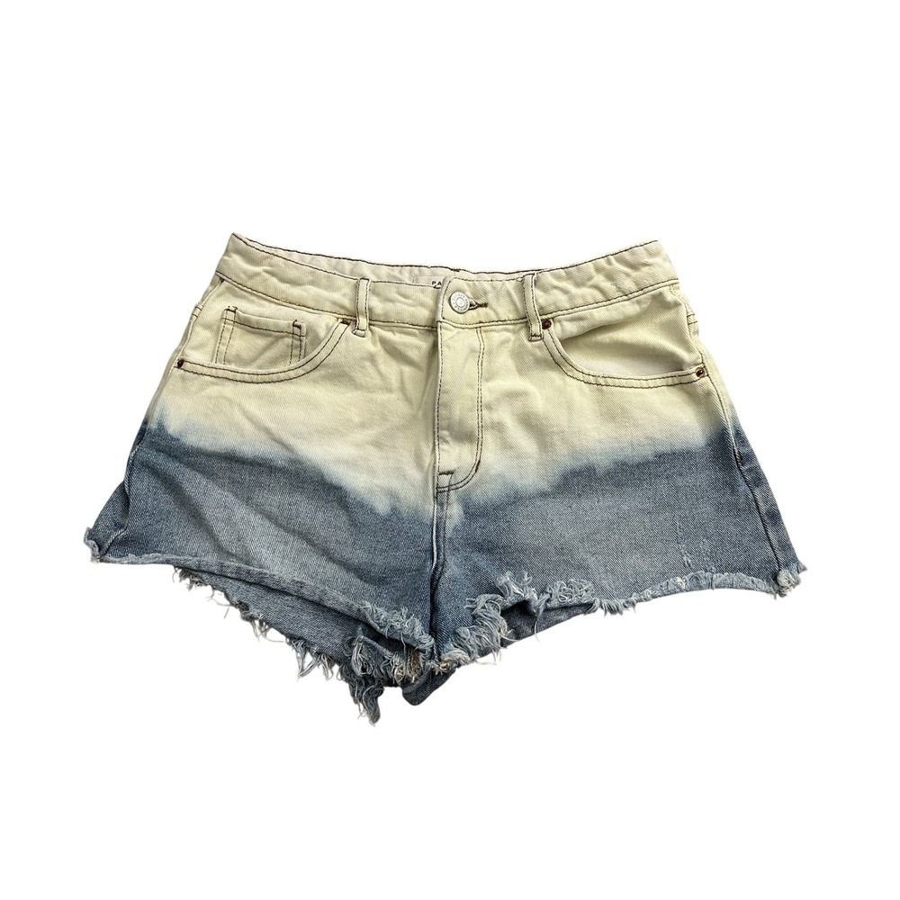 Vintage High Rise Festival Shorts Womens 27 Blue‎ Cream Dip Dye Raw Hem Denim
